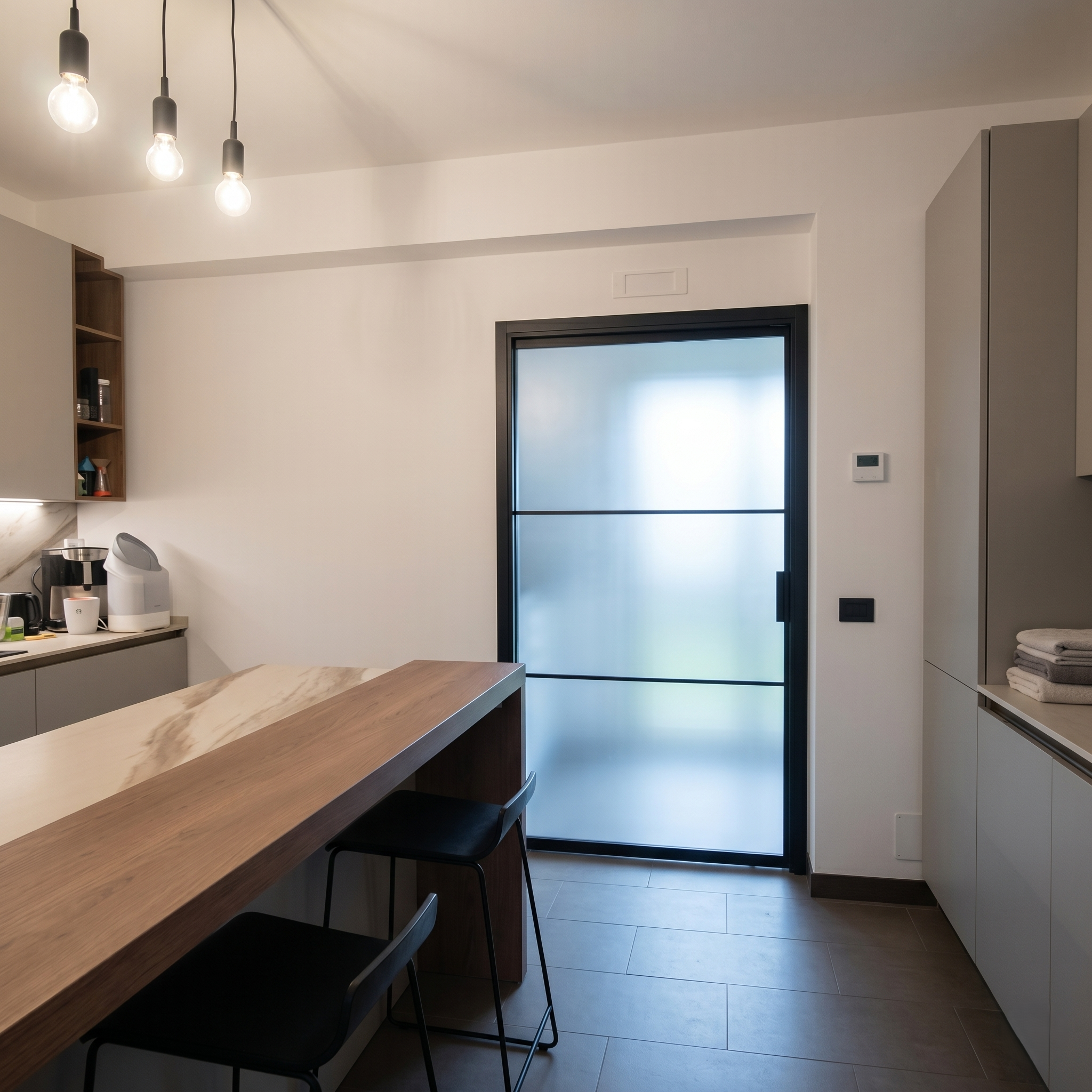 porta scorrevole a vetro con telaio nero e vetro acidato